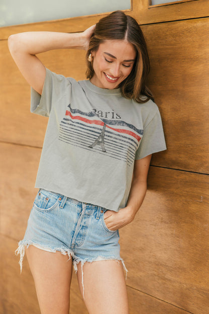 FINAL SALE!! "Paris" Cropped Graphic Tee in Olive