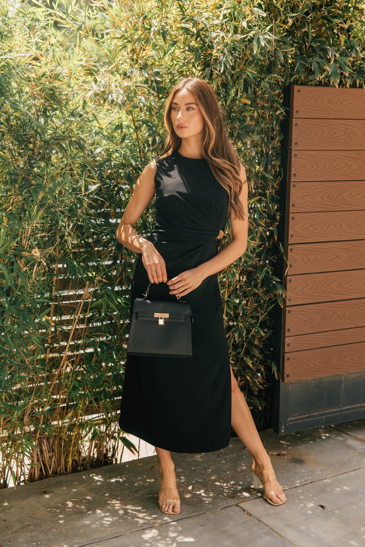 FINAL SALE!! Sleeveless Draped Gold Accent Midi Dress