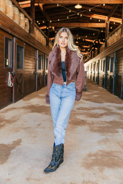 NEW!! Harley Fur Trim Denim Jacket in Brown