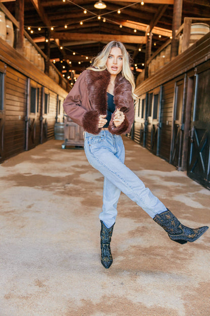 NEW!! Harley Fur Trim Denim Jacket in Brown