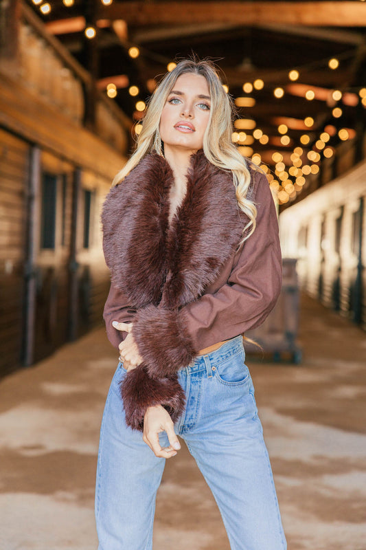 NEW!! Harley Fur Trim Denim Jacket in Brown