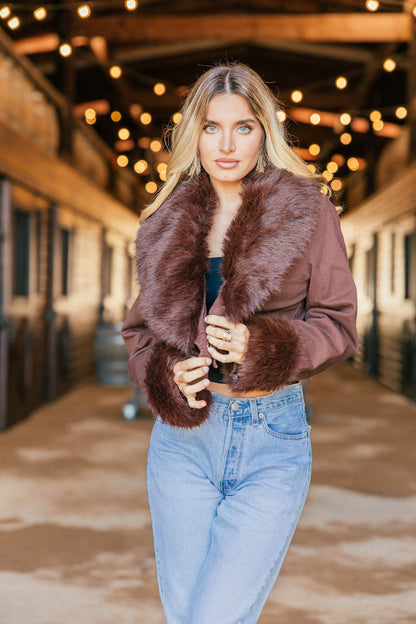 NEW!! Harley Fur Trim Denim Jacket in Brown