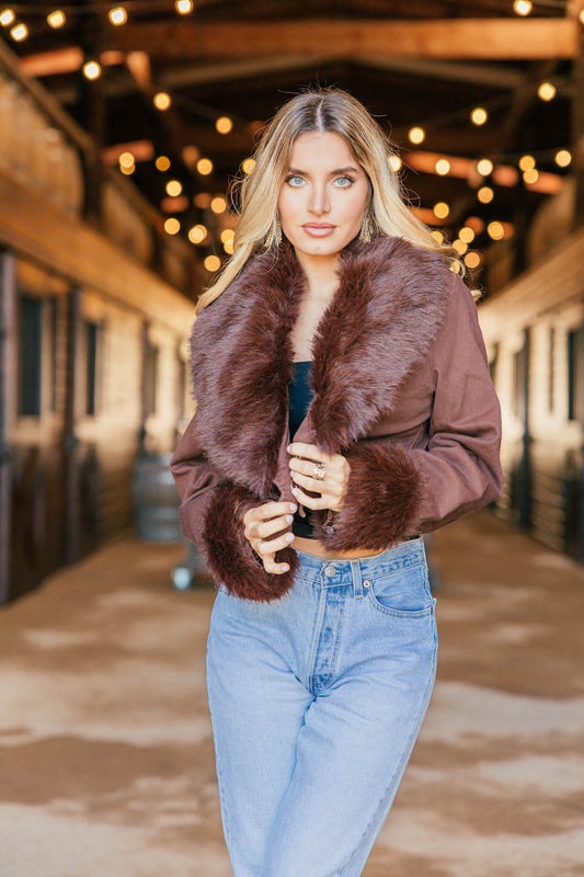 NEW!! Harley Fur Trim Denim Jacket in Brown