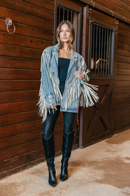 "Aspen" Fringe Denim Jacket in Light Wash