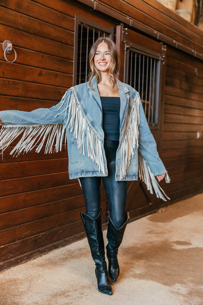"Aspen" Fringe Denim Jacket in Light Wash