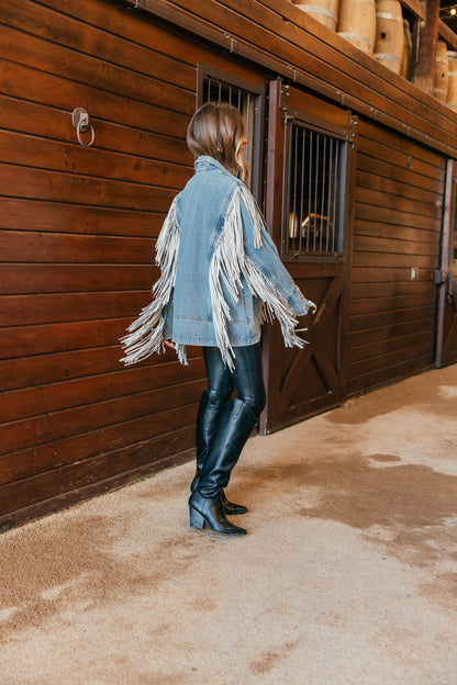 "Aspen" Fringe Denim Jacket in Light Wash