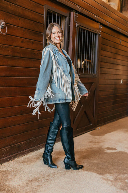 "Aspen" Fringe Denim Jacket in Light Wash