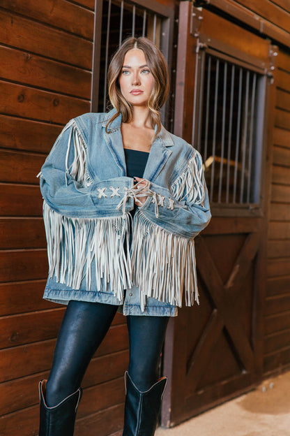 "Aspen" Fringe Denim Jacket in Light Wash