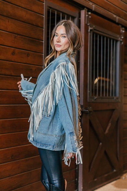 "Aspen" Fringe Denim Jacket in Light Wash