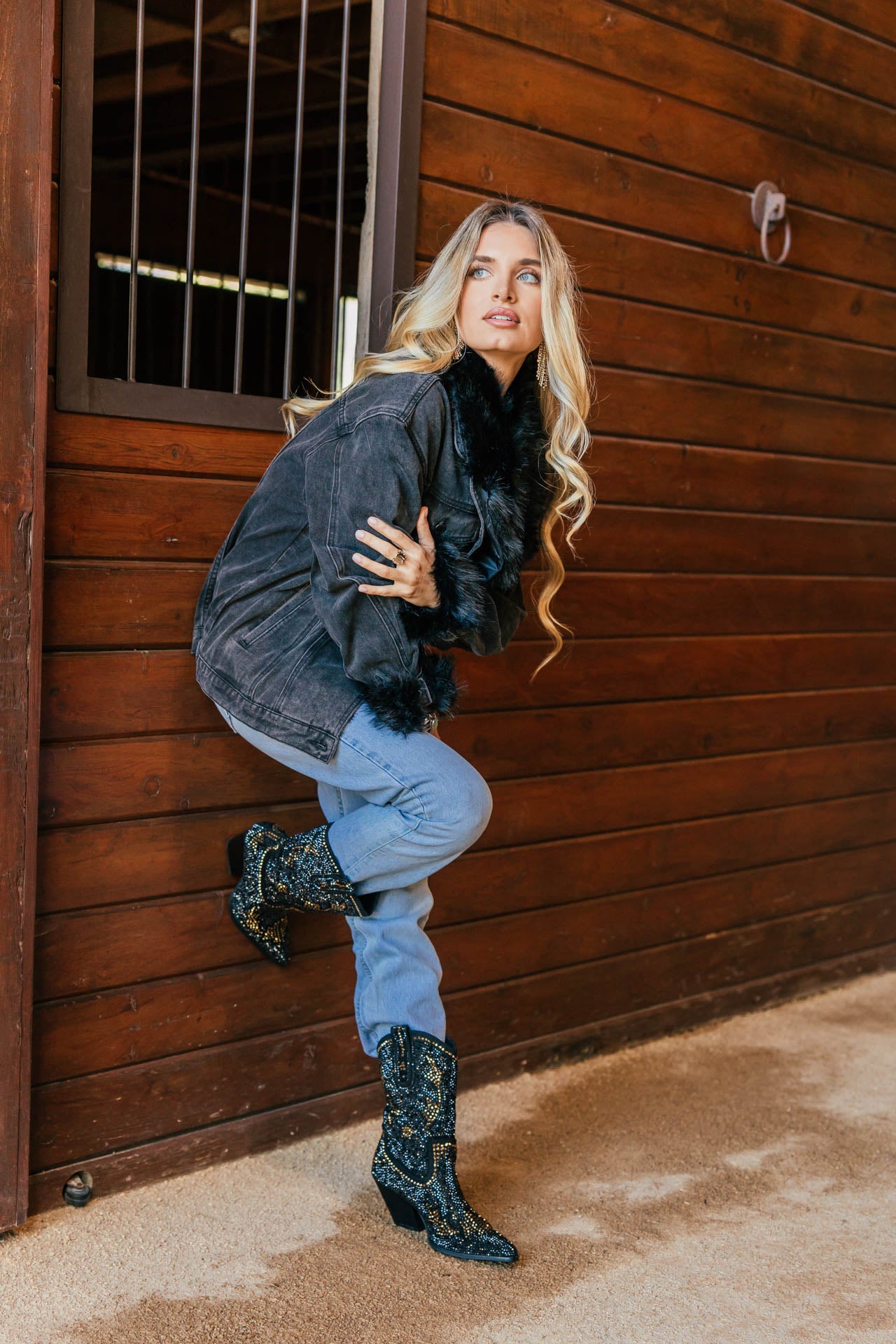 NEW!! Penny Faux Fur Denim Jacket in Black