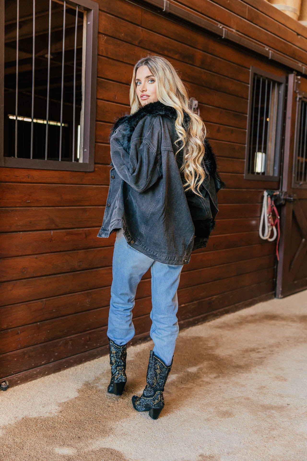 NEW!! Penny Faux Fur Denim Jacket in Black