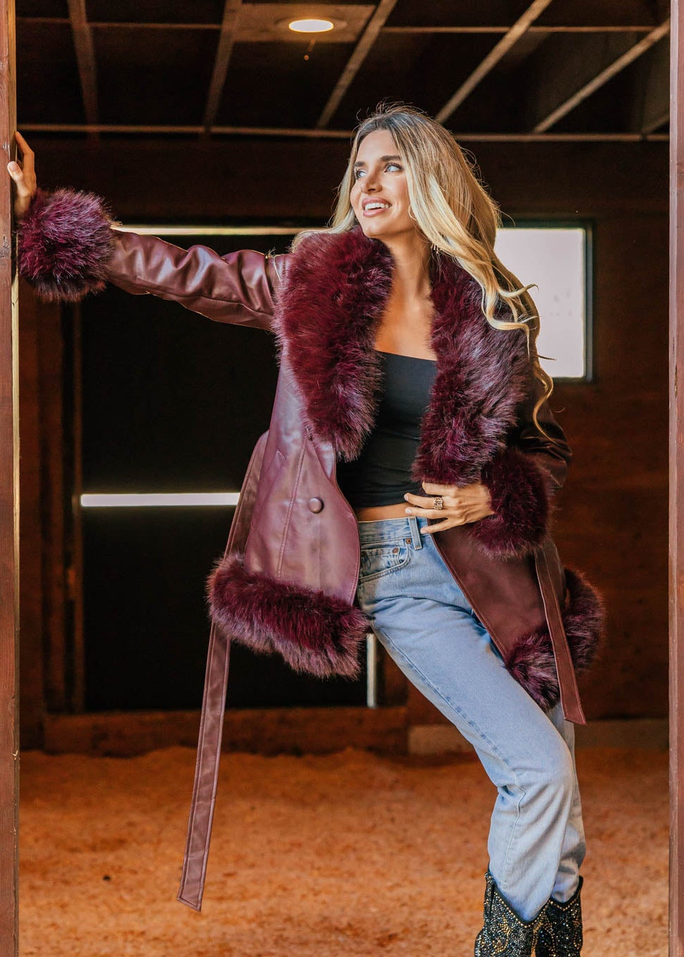 NEW!! "Main Character" Faux Fur Lined Coat in Burgundy