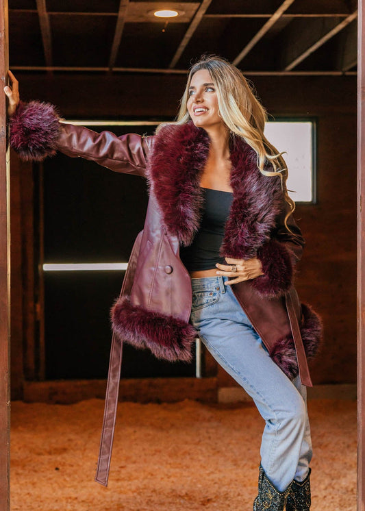 NEW!! "Main Character" Faux Fur Lined Coat in Burgundy