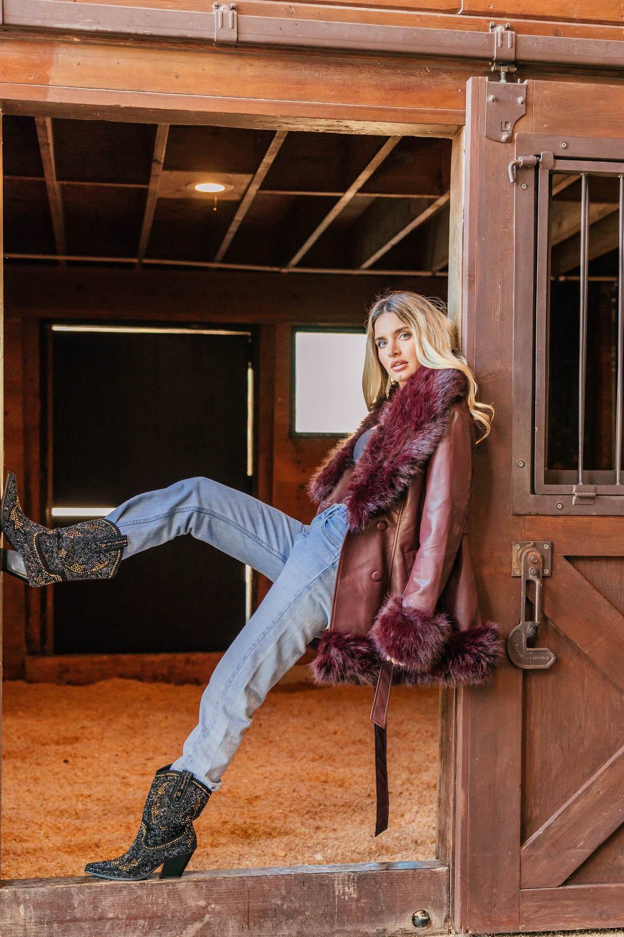 NEW!! "Main Character" Faux Fur Lined Coat in Burgundy