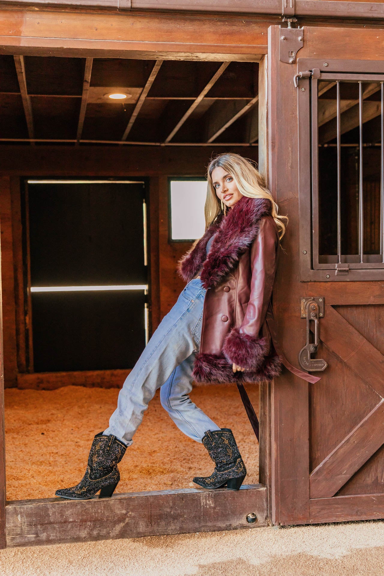 NEW!! "Main Character" Faux Fur Lined Coat in Burgundy