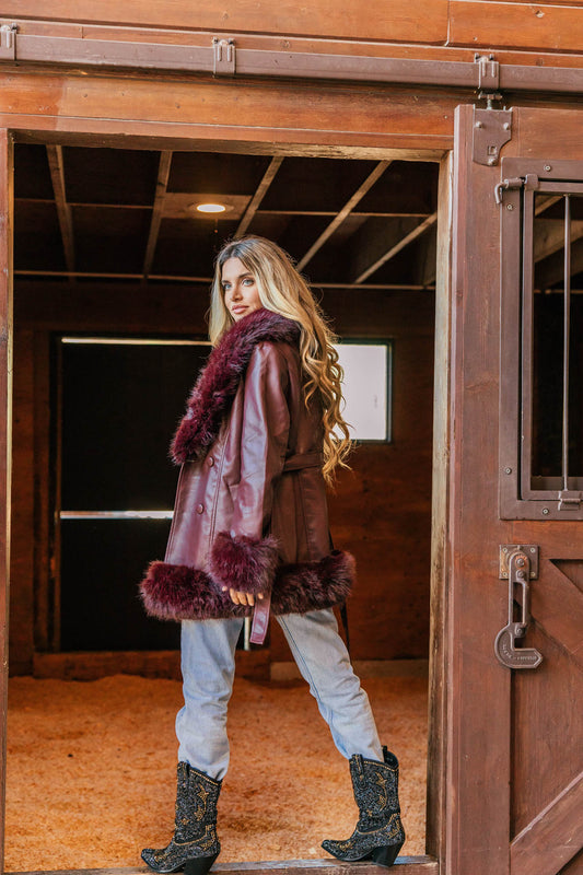 Main Character Faux Fur Lined Coat in Burgundy