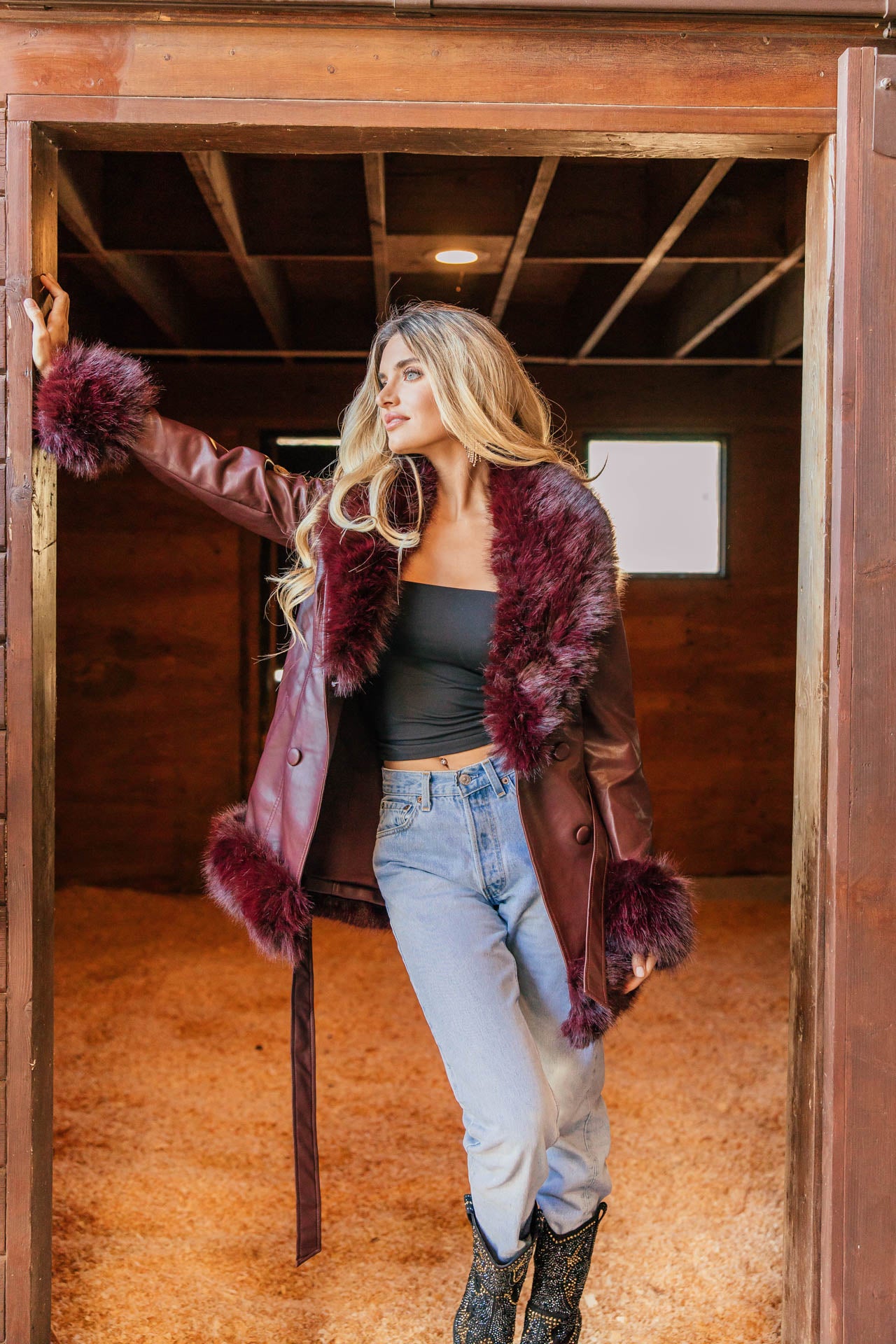 NEW!! "Main Character" Faux Fur Lined Coat in Burgundy