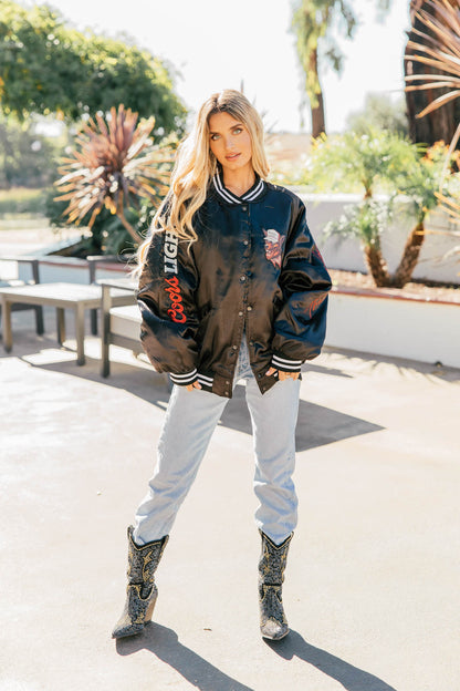 LICENSED!! "Coors Light" Official Nylon Bomber Jacket in Black Satin