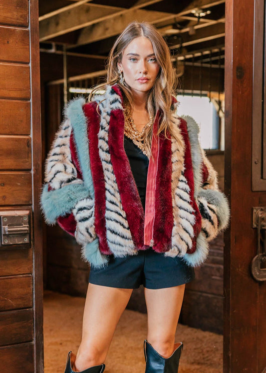 NEW!! Inez Faux Fur Jacket in Blue Multi