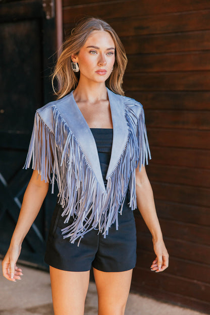 NEW!! The "Bronc" Fringe Suede Shawl in Light Blue