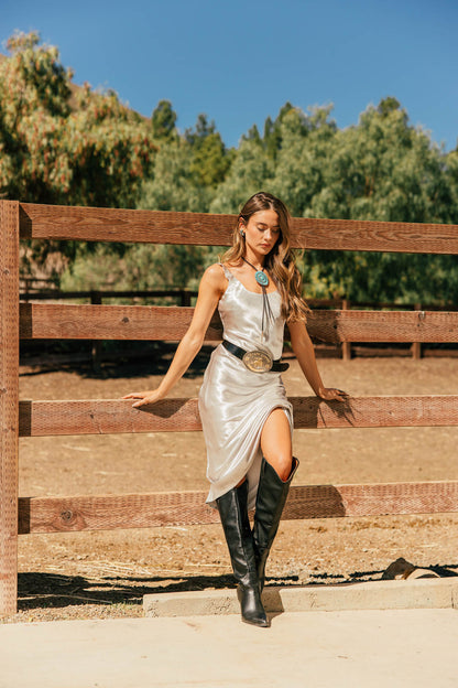 NEW!! "Gilded Girl" Silver Satin Maxi Dress