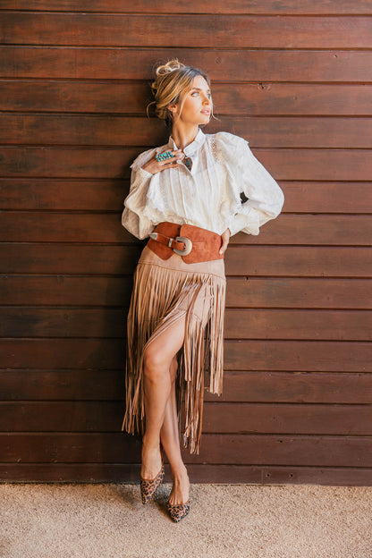 Wild West Tiered Fringe Midi Skirt