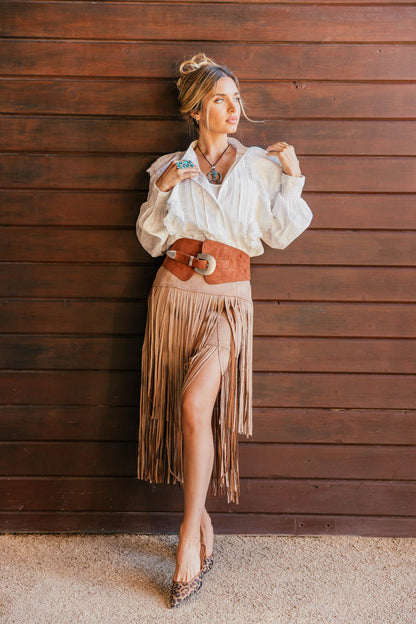 Wild West Tiered Fringe Midi Skirt