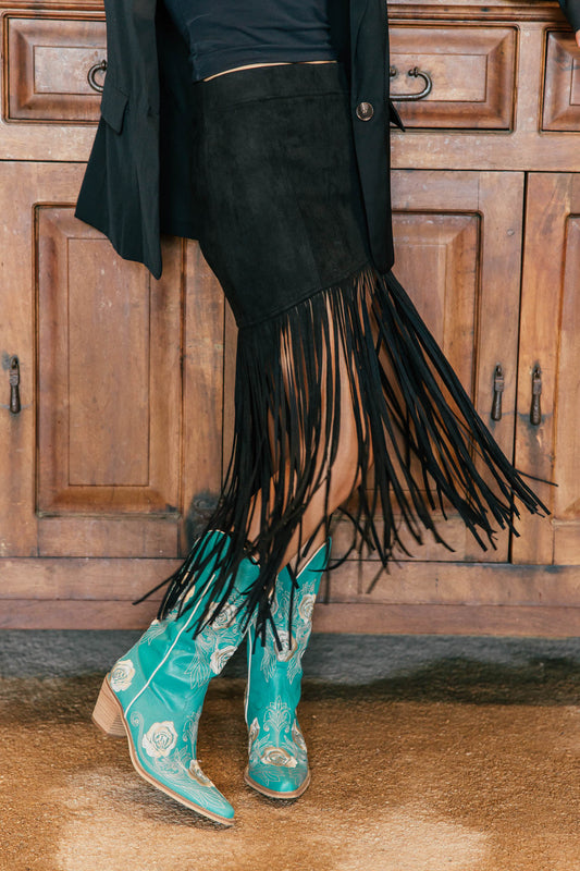 NEW!! " Lexi" Faux Suede Fringe Skirt in Black