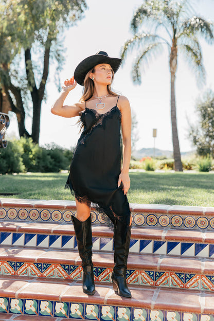 NEW!! "Runway" Lace Satin Slip Dress in Black