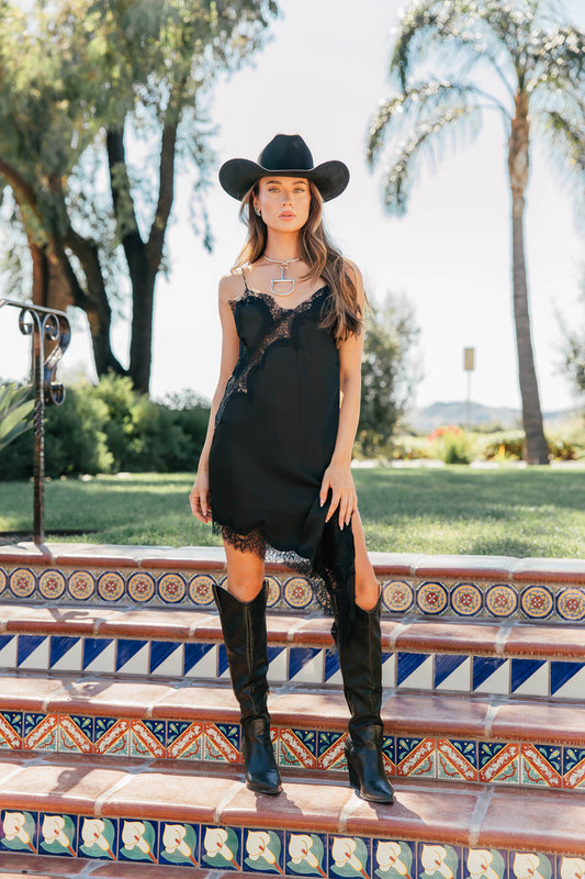 NEW!! "Runway" Lace Satin Slip Dress in Black