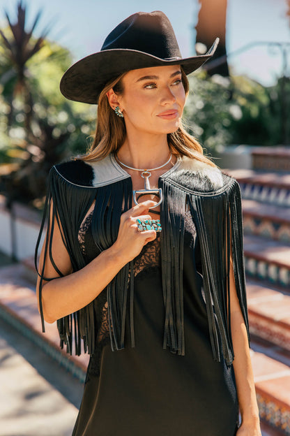 BEST SELLER!! Cowhide Fringe Shawl in Black