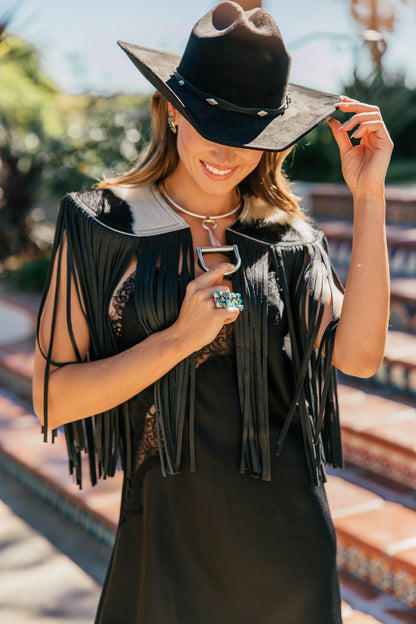 BEST SELLER!! Cowhide Fringe Shawl in Black