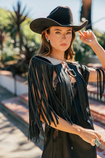 BEST SELLER!! Cowhide Fringe Shawl in Black