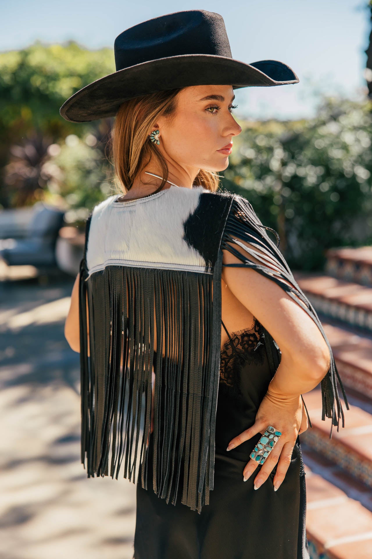 BEST SELLER!! Cowhide Fringe Shawl in Black