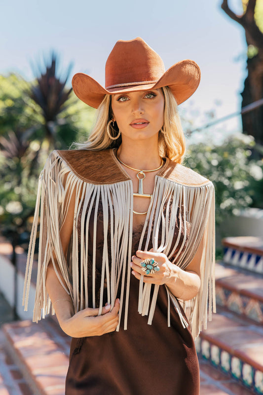 Cowhide Fringe Shawl in Brown