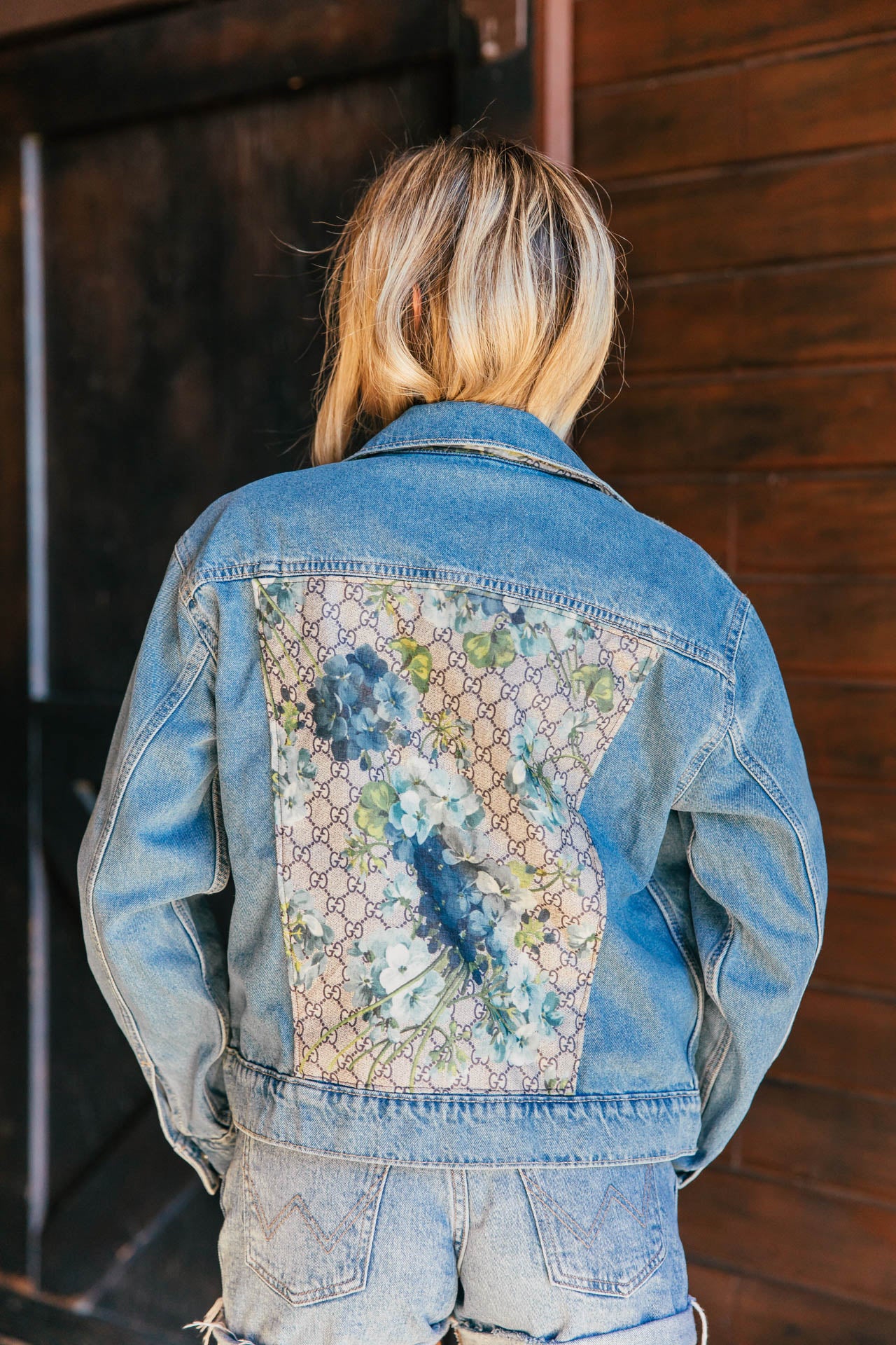 Designer Repurposed Denim Jacket W/ Tan Scarf