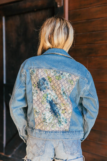 Designer Repurposed Denim Jacket W/ Tan Scarf