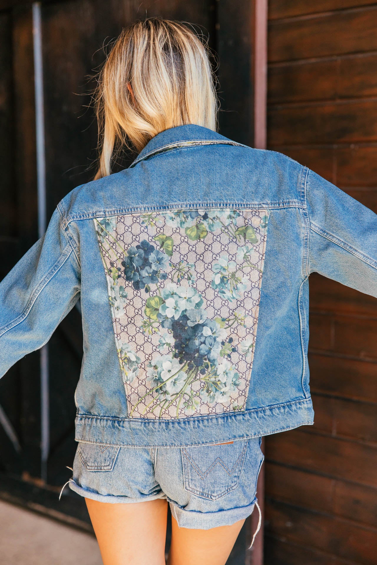 Designer Repurposed Denim Jacket W/ Tan Scarf