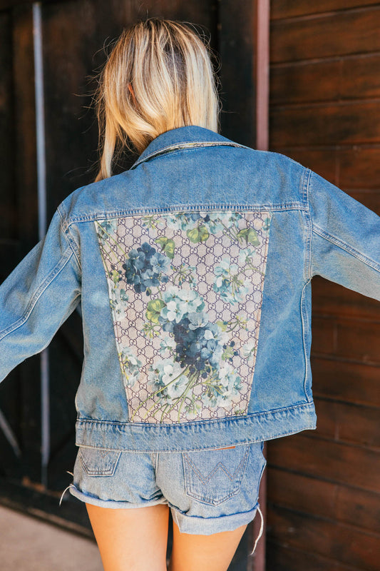 LIMITED EDITION!! Designer Repurposed Denim Jacket W/ Tan Scarf