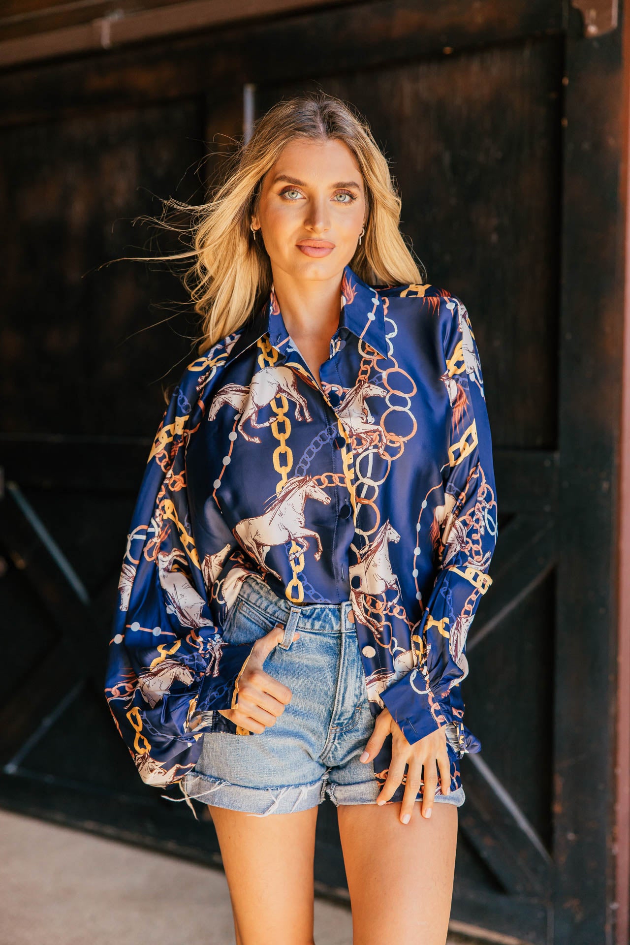 NEW!! Horseprint Satin Top in Navy