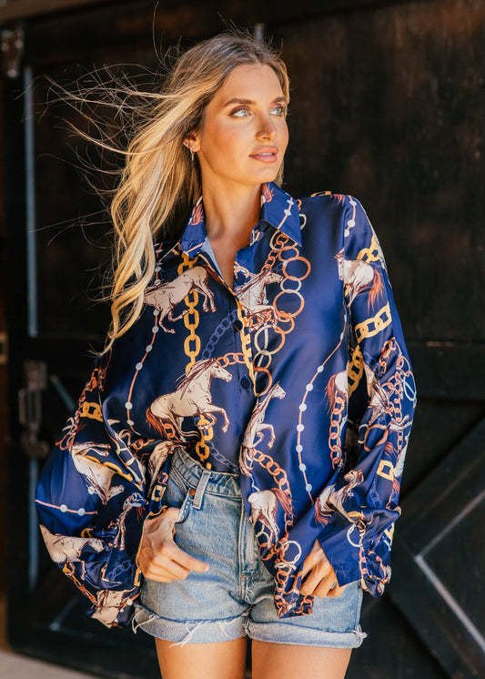 NEW!! Horseprint Satin Top in Navy