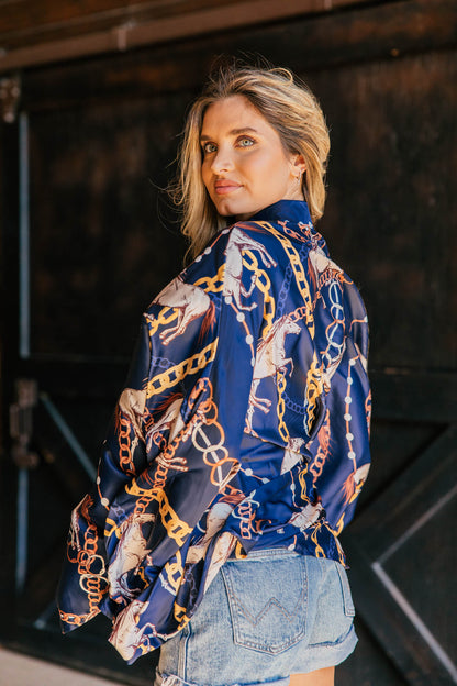 NEW!! Horseprint Satin Top in Navy