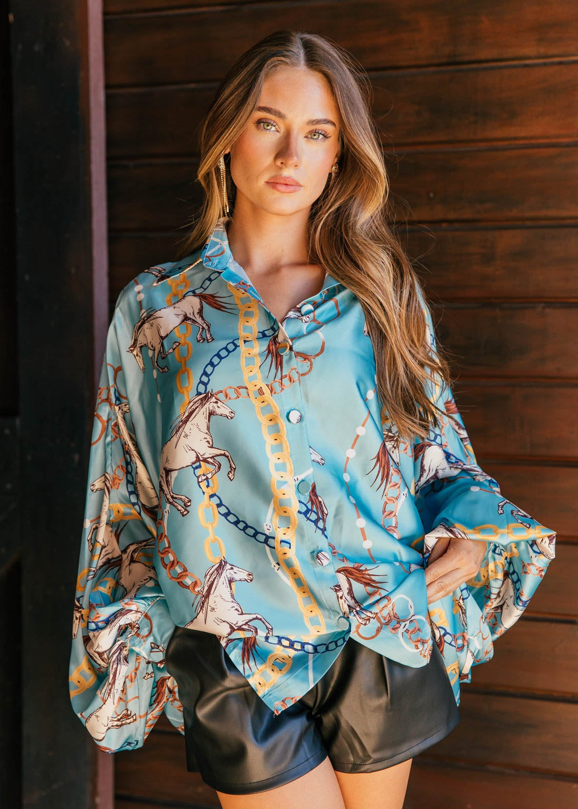 BEST SELLER!! Horseprint Satin Top in Blue