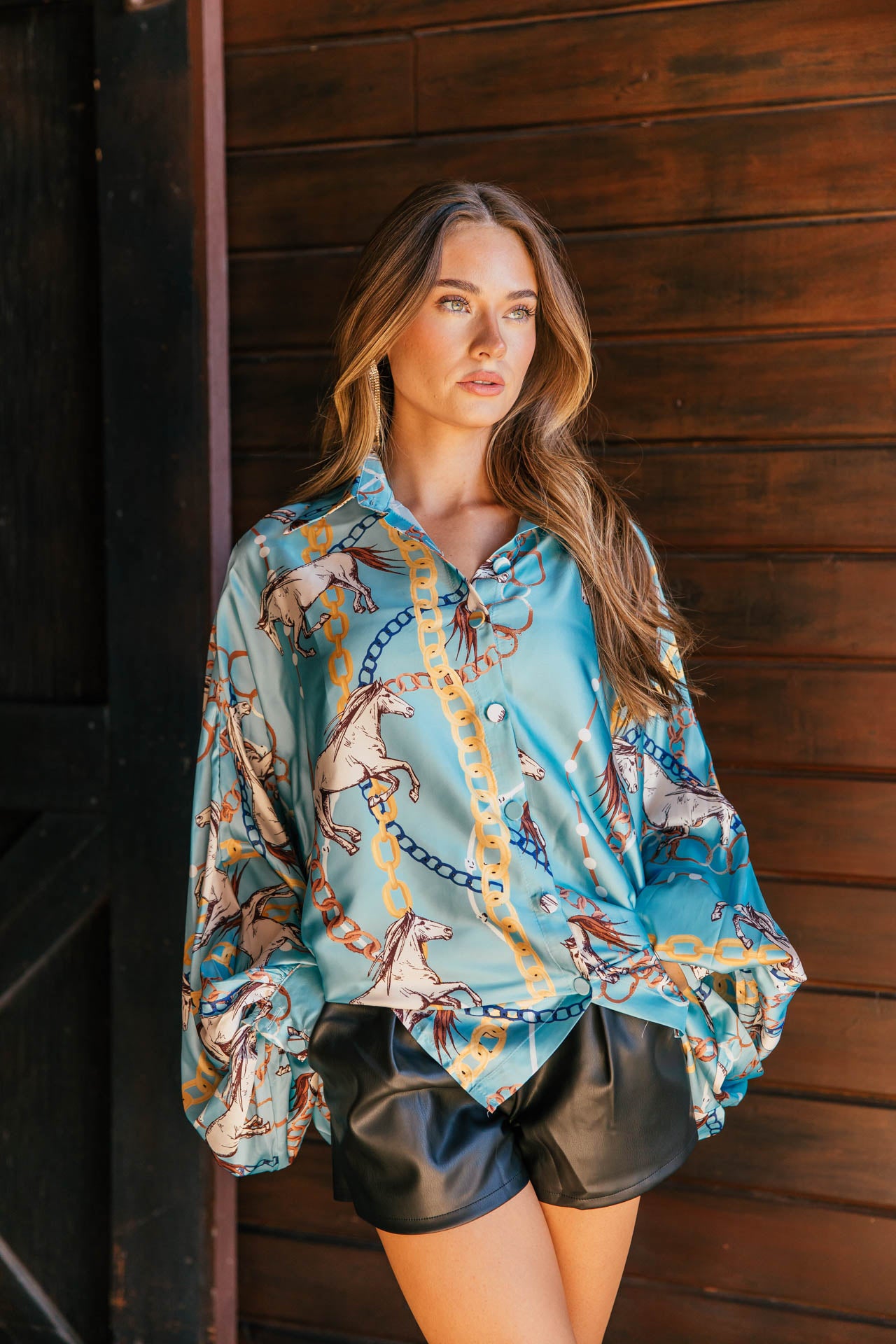 BEST SELLER!! Horseprint Satin Top in Blue