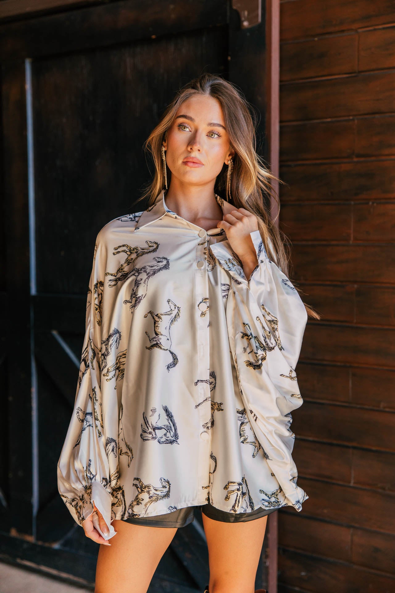 AS SEEN ON WEST DESPERADO!! Horseprint Satin Top in White