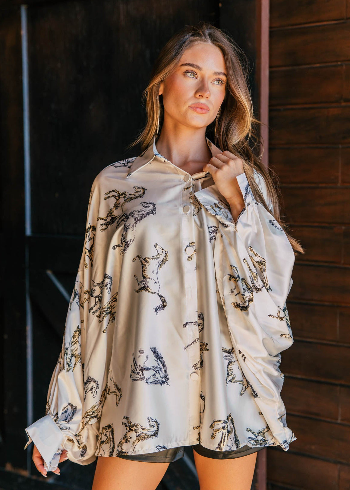 AS SEEN ON WEST DESPERADO!! Horseprint Satin Top in White