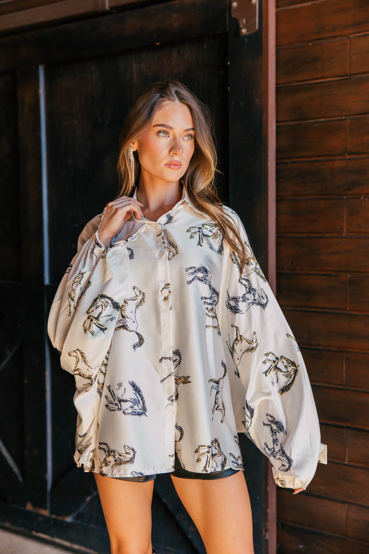 AS SEEN ON WEST DESPERADO!! Horseprint Satin Top in White