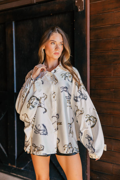 AS SEEN ON WEST DESPERADO!! Horseprint Satin Top in White