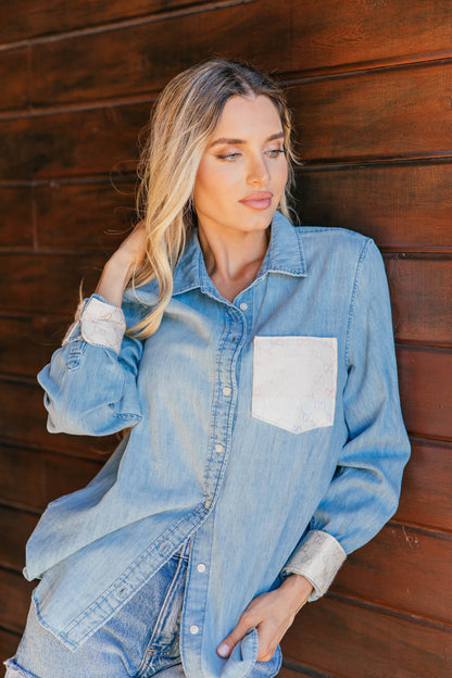 LIMITED EDITION!! Designer Repurposed Denim Shirt w/ Designer Beige Scarf