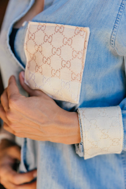 LIMITED EDITION!! Designer Repurposed Denim Shirt w/ Designer Beige Scarf